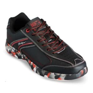 Black and red athletic shoe with camo-pattern sole and red laces.