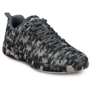 Black and gray camouflage-patterned sneaker with black laces.