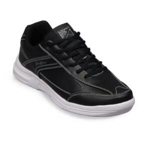 Black athletic sneaker with white sole and lace-up design.