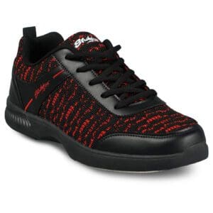 Black and red athletic sneaker with a knit pattern and black sole.