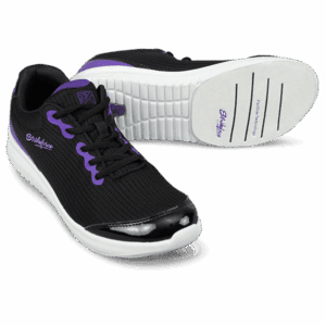 Black and purple athletic shoes with white soles.
