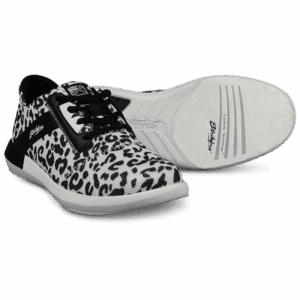 Pair of black and white leopard print sneakers with white soles.