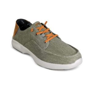 Casual olive green sneaker with orange laces and white sole.
