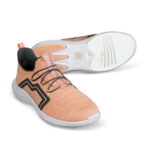 Lightweight peach sneaker with white sole and black accents.