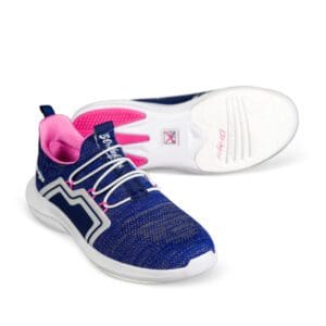 Pair of navy blue and pink athletic shoes with white soles.
