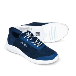 Blue and white athletic shoes with laces and cushioned soles.