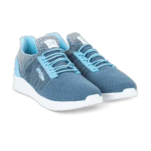 Blue knitted sneakers with white soles and light blue laces.