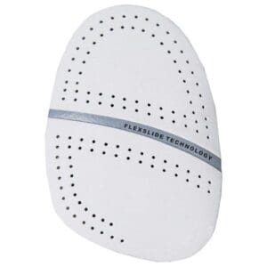 White orthotic shoe insole with perforations and a gray stripe.