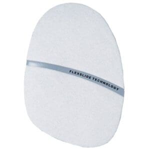 White oval cosmetic sponge with a blue stripe.