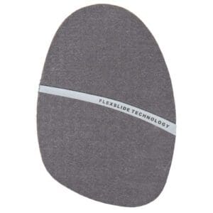 Gray ergonomic seat cushion with a textured surface and a white curved stripe.