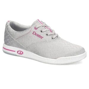 Light gray casual sneaker with pink accents and white sole.