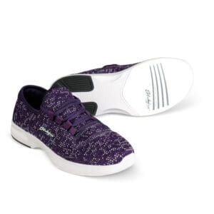 Pair of purple and white athletic shoes with knit texture.