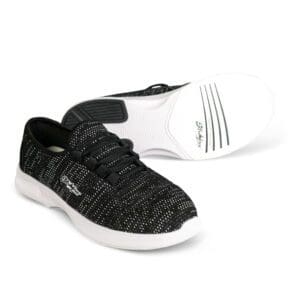 Black and white casual slip-on shoes with knit texture and white soles.
