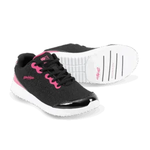 Black and white sports shoes with pink accents.