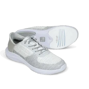 White and gray athletic sneakers with a breathable mesh design.