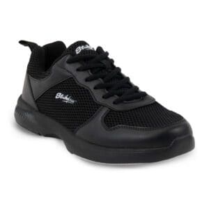 Black athletic sneaker with mesh and leather design.
