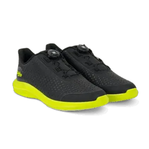 Black and neon yellow sports shoes with a sleek design.