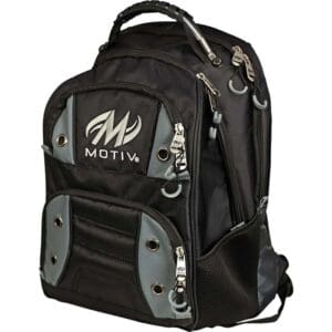 Black and gray Motiv branded backpack with multiple compartments.