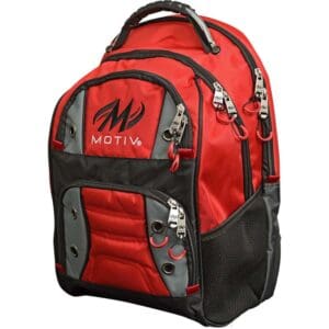 Red and black Mitzu backpack with multiple compartments and zippers.