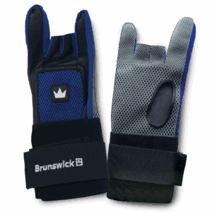 Pair of blue and black fingerless gloves with wrist support and a crown logo.