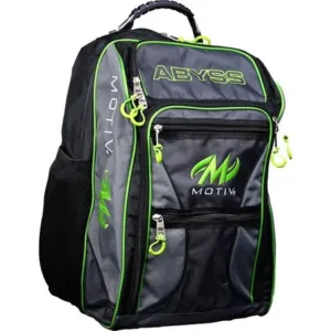 Black and green backpack with multiple compartments and zippers.