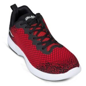 Red and black athletic shoe with white sole.