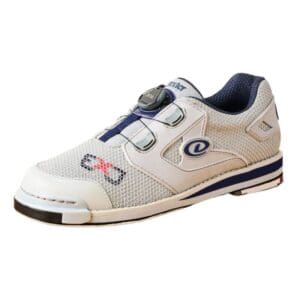 A white sports shoe with blue and red accents.