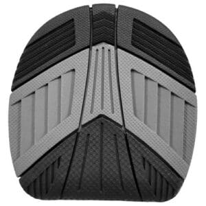 Close-up of a black and gray shoe sole with textured tread patterns.