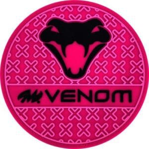 Venom logo with snake head on pink background.