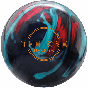 A colorful bowling ball with swirls of blue, red, and black.
