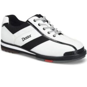 White and black Dexter bowling shoe with laces.