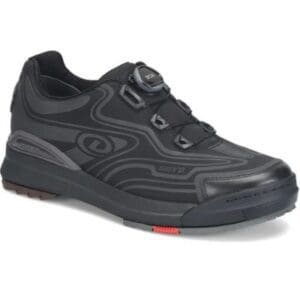 Black sneaker with a sleek, modern design and red accent on the sole.