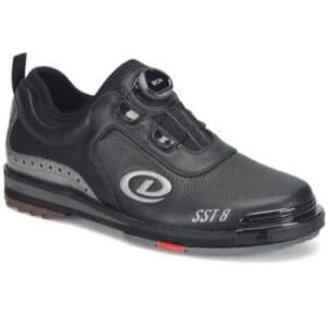 Black cycling shoe with a dial closure system and reflective details.