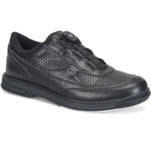 Black leather men's dress shoe with brogue detailing and a low heel.