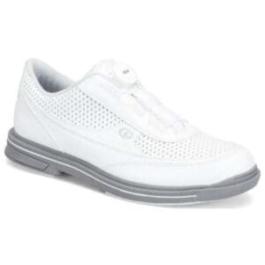 White casual sneaker with gray sole and perforated design.