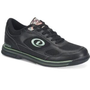Black athletic shoe with green accents and logo.