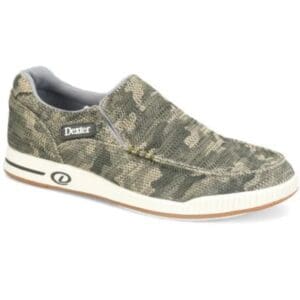 Casual slip-on shoe with camouflage pattern and white sole.