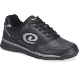 Black athletic sneaker with a white swirl logo on the side.