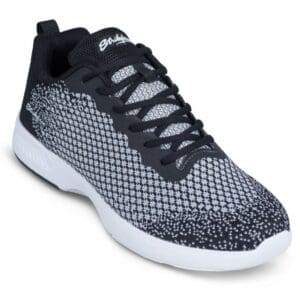 Black and white sports shoe with mesh design and white sole.