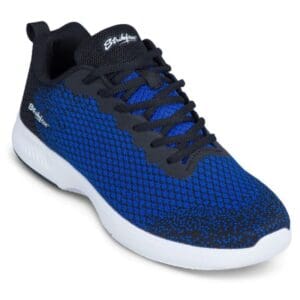 Blue and black athletic shoe with white sole.