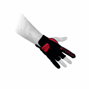 Black and red motorcycle glove with protective knuckles and wrist strap.
