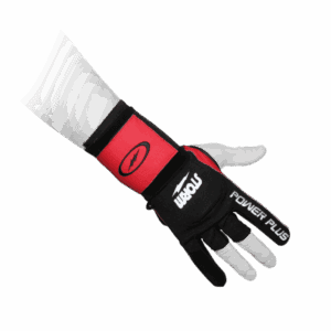 Black and red racing glove with protective padding and branding.