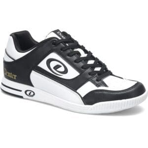 Black and white sports shoe with logo and laces.