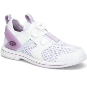 White and lavender athletic shoe with Velcro straps.