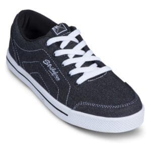 Black casual sneaker with white laces and sole.