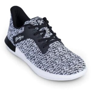 A black and white patterned athletic shoe with black laces.