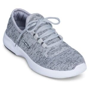 Lightweight gray athletic shoe with white sole and knit upper.