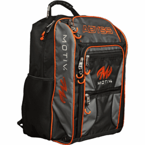 Black and orange sports backpack with multiple compartments.